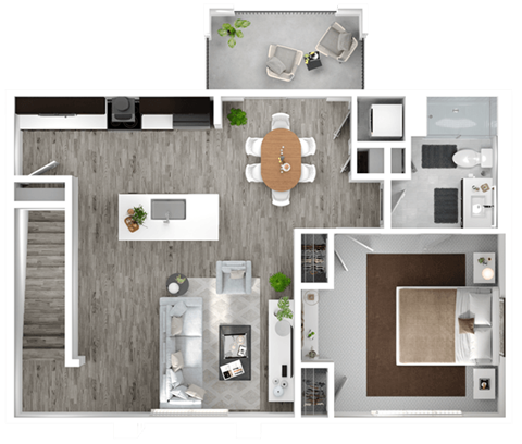 A top-down view of a modern apartment layout with a kitchen, living room, and bedroom.